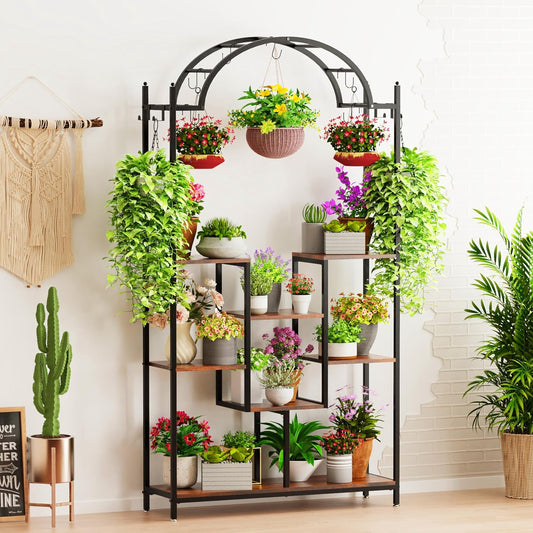 Plantenstandaard – Bloemenrek – Plantenhouder – Plantenmeubel – Bloempottenrek – Metaal en MDF – 5 Laags Industrieel Design – Zwart en Bruin – 100x30x190 cm - QUORE