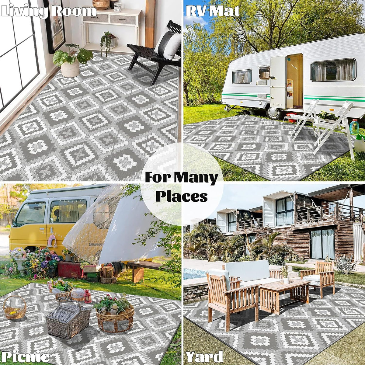 Buiten Vloerkleed - Buitenkleden - Buitentapijt - Opvouwbaar - UV-bestendig - Waterdicht - Buitenmatten - voor Buiten - Balkon - Strand - Picknick -Terras - Rechthoekig - 240 x 300 cm - Grijs