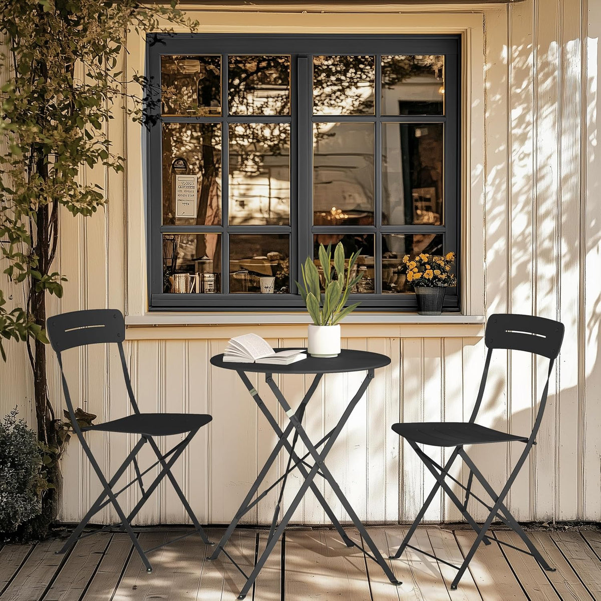 Grand patio Bistrotafel met 2 stoelen, balkonmeubelset, 3-delig, terrasmeubels, weerbestendig, bistroset, balkon, tuin, meubelset voor klein balkon (zwart)