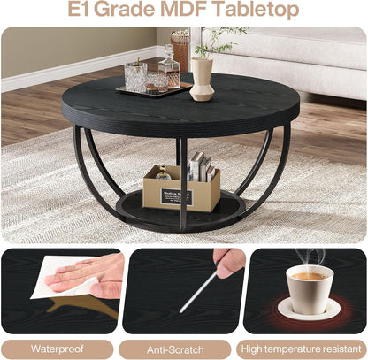 Tribesigns Black Round Coffee Table, 80.5cm Modern 2-Tier Circle Coffee Table with Storage Shelves, Accent Cocktail Table Center Table for Living Room