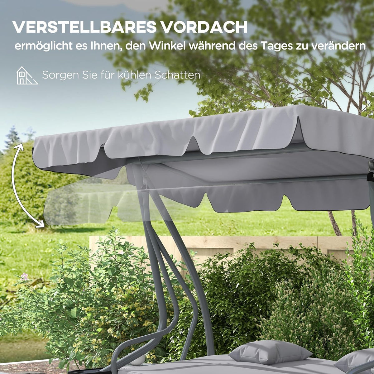 Outsunny Swing Bench, 3-Seater Garden Swing with Adjustable Roof, Cushion, Swing with Reclining Function, Folding Side Table, up to 340 kg, for Garden, Balcony, Light Grey - QUORE