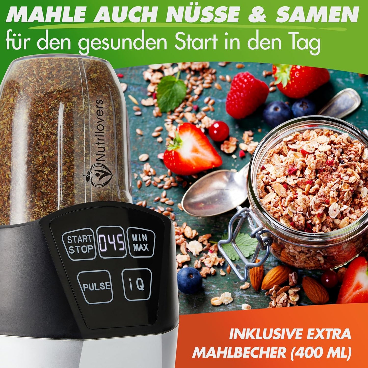 Nutri-Blender Smoothiemaker "Mix & Go" 1000 Watt Mini Mixer met Auto-IQ, BPA-vrij, Incl. Receptenboek, 2x Mok en To Go Deksel