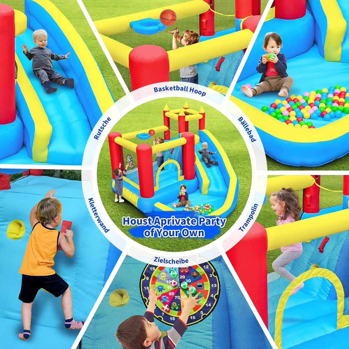 springkasteel voor kinderen met glijbaan en klimwand, opblaasbaar springkasteel met ingebouwde ventilator, binnen en buiten springmat voor kinderen Bouncy Castle 3-10 jaar 274 x 310 x 218