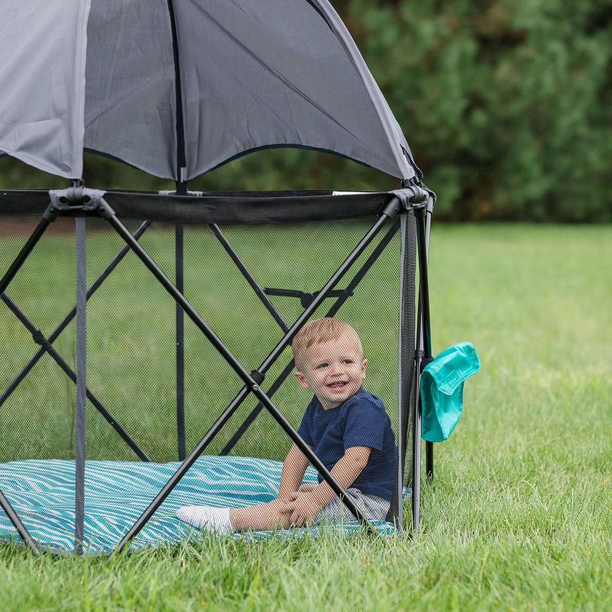 Baby Delight Go with Me Eclipse Mesh Portable Playard | Boxbox | Sunroof | Indoor and Outdoor | Watercolor Stripe Base - QUORE