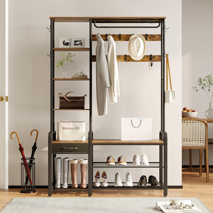 Hzuaneri Hall Tree, Coat Rack with 3-Tier Storage Bench and 1 Drawer, 5-in-1 Hallway Bench with 17 Hooks, 1 Hanging Bar, 4-Tier Side Shelves, Rustic Brown HT03501B