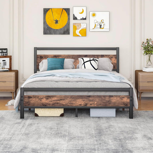 Bedframe 160x200 van metaal en hout, metalen bed met lattenbodem, logeerbed, tienerbed, tweepersoonsbed 160x200 cm met hoofdeinde, metaal bed, bruin en zwart