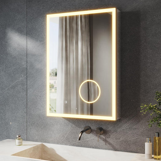 SONNI Led-spiegelkast voor badkamer, met 3-voudige vergrotingsspiegel en stopcontact, 70 x 50 cm, aluminium spiegelkast met touch-schakelaar, 3 lichtkleuren + deogging, IP44 waterdicht