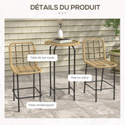 Outsunny Tuinbarset, tuinmeubelen, bistroset, 3-delig, 1 ronde hoge tafel, boho-design + 2 ronde krukken met metalen voetsteun, voor 2 personen, natuurlijk, zwart
