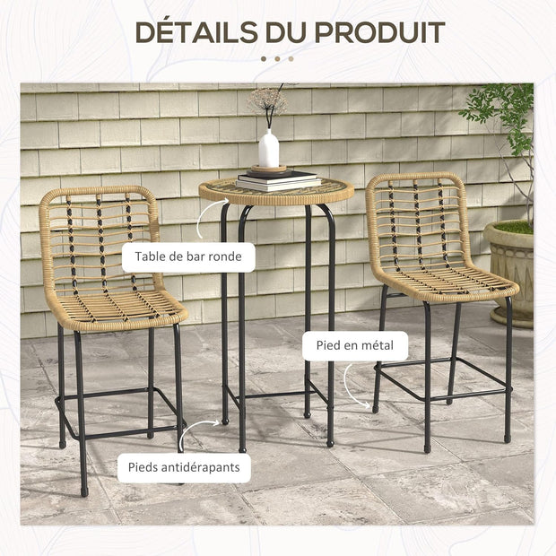 Outsunny Tuinbarset, tuinmeubelen, bistroset, 3-delig, 1 ronde hoge tafel, boho-design + 2 ronde krukken met metalen voetsteun, voor 2 personen, natuurlijk, zwart