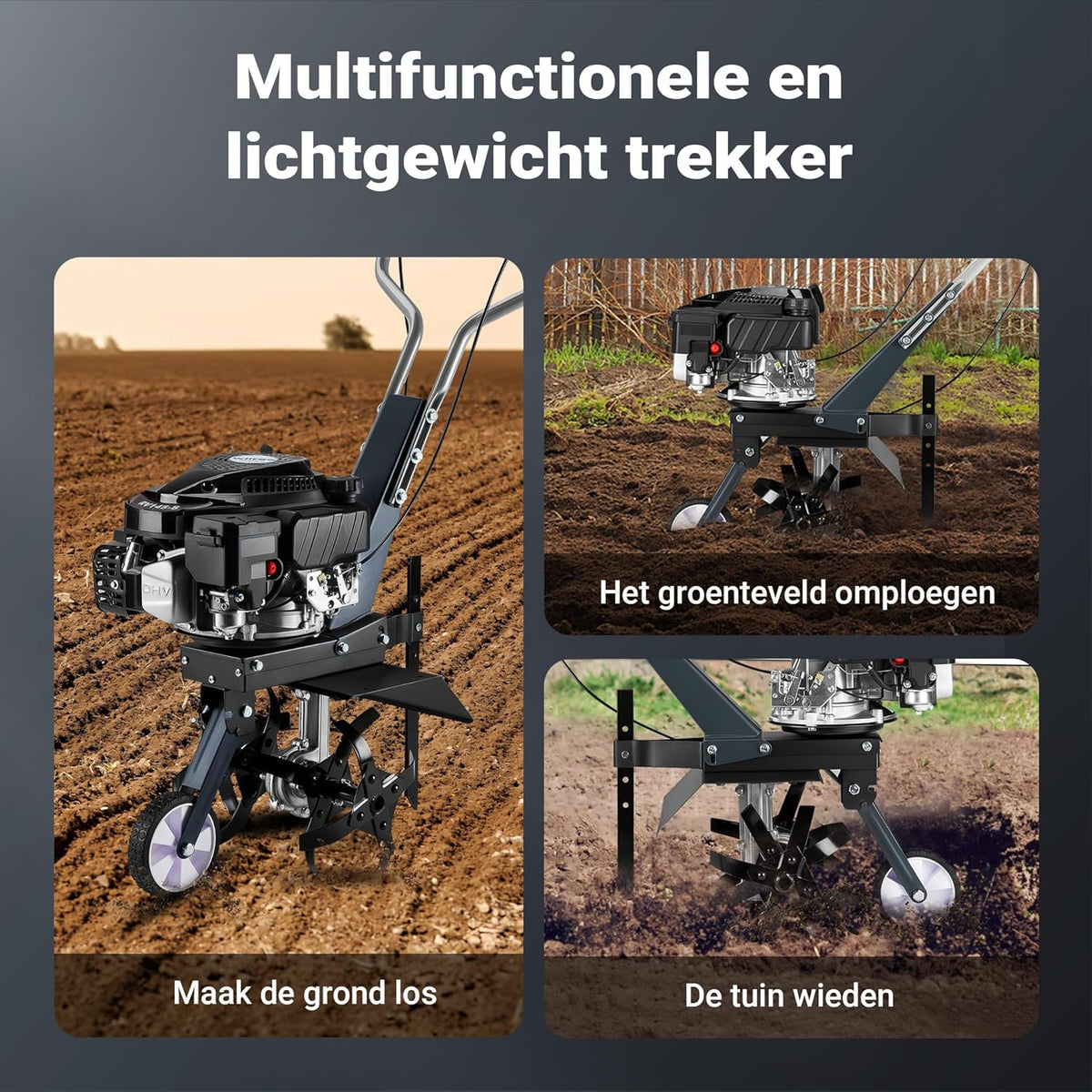 Wiltec tuinfrees benzine werkbreedte van 36 cm, grondfreesmachine motor 144 ccm en 4 messen, cultivator met brandstofaandrijving Euro 5, robuuste grondfrees voor tuinwerk