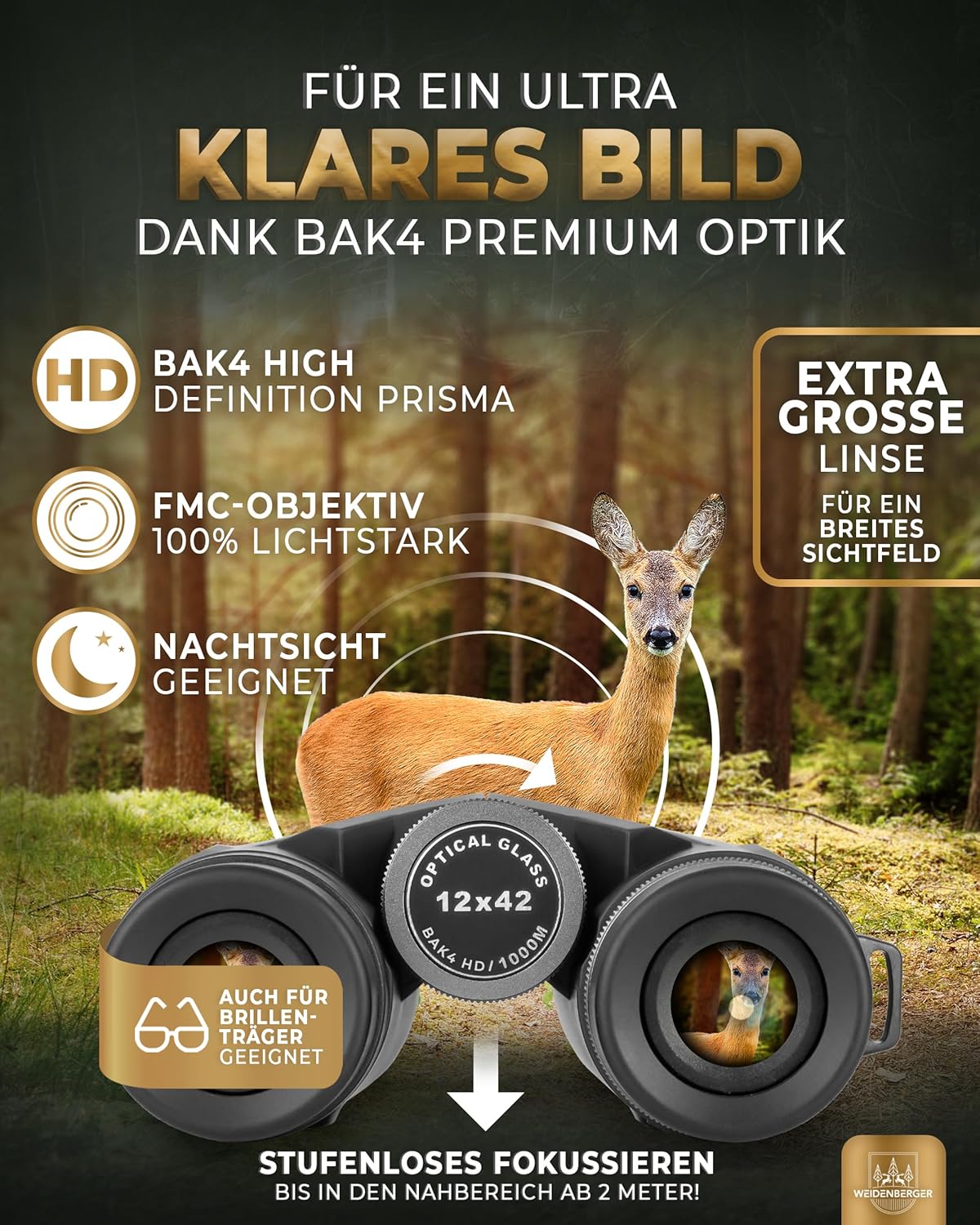 Verrekijker 12 x 42, [testwinnaar] magnesium verrekijker met nitrogeenvulling en waterdicht, voor volwassenen, BAK4 HD Prisma + FMC-lens, ook geschikt voor brildragers (zwart, 12x42)