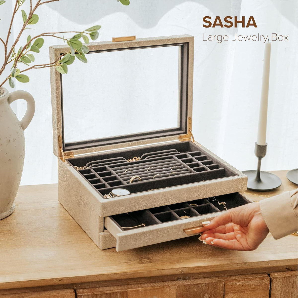 CASE ELEGANCE - Grote 3 Tier Sieraden Box, Opbergkoffer Organizer voor Vrouwen, Glazen Deksel voor Oorbellen Armbanden Ringen Kettingen, Vegan Leer, Fluwelen Gevoerde Sieraden Doos, Messing Hardware