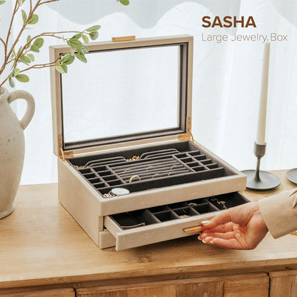 CASE ELEGANCE - Grote 3 Tier Sieraden Box, Opbergkoffer Organizer voor Vrouwen, Glazen Deksel voor Oorbellen Armbanden Ringen Kettingen, Vegan Leer, Fluwelen Gevoerde Sieraden Doos, Messing Hardware