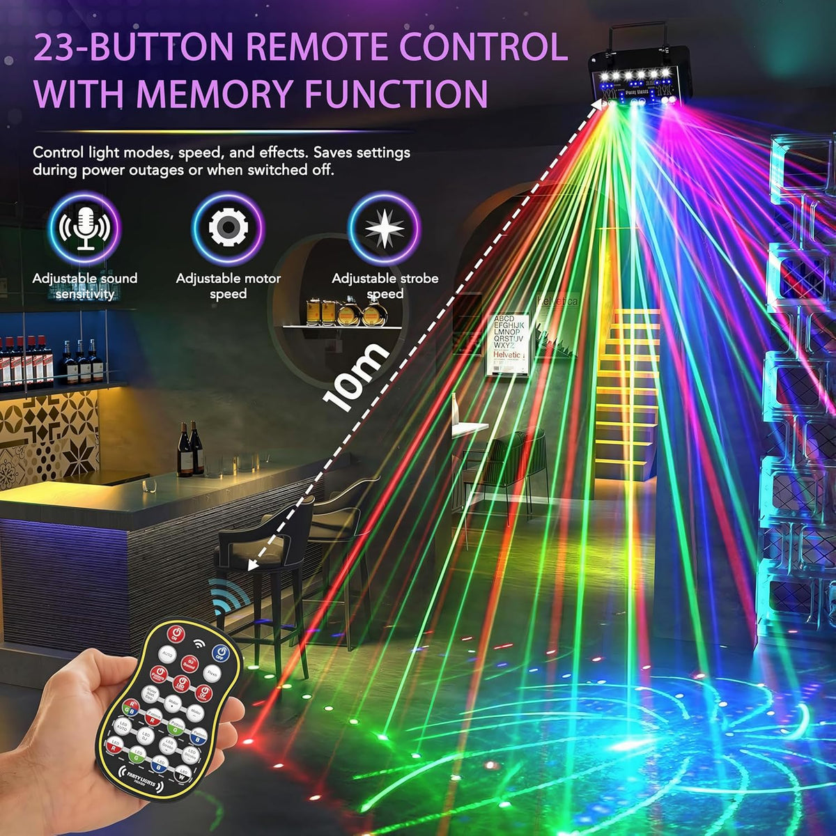 Miralin Disco Lichten voor Feesten – DJ Disco Licht met Geluidsactivatie, RGB & UV Stroboscooplamp met DMX-controller voor Huisfeesten, Bars, Raves en Clubshows