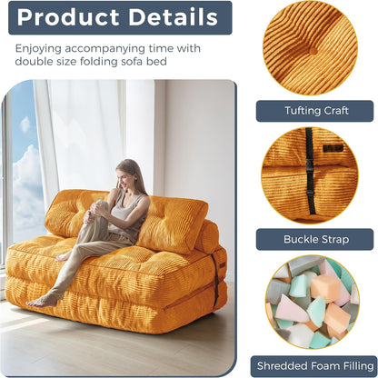 MAXYOYO Folding Sofa Bed, Convertible Sleeping Chair with Pillow, Mattress with Back Support, Portable Chair Bed, Comfortable Lounge for Living Room, Bedroom, Orange, Double