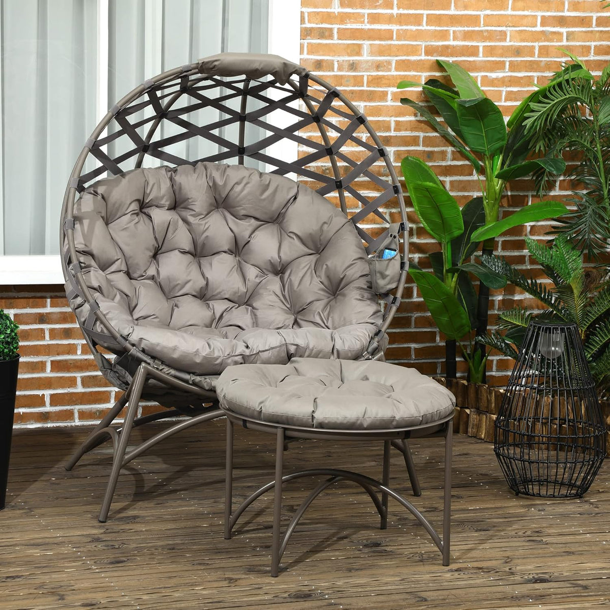 Outsunny 2 Pieces Garden Chair Set Wicker Chair with Folding Seat Basket Including 2-in-1 Stool Cushion Lounge Chair for Balcony Patio Steel Sand 118 x 75 x 142 cm - QUORE