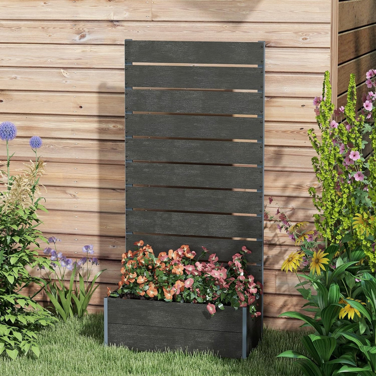 Outsunny Garden Planter with Trellis for Climbing Plants Tires Flowers Freestanding Raised Bed for Garden Outdoor Patio Planter with Drainage Hole 72x38x150cm Black - QUORE