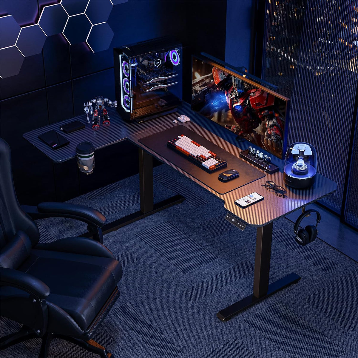 Elektrisch in Hoogte Verstelbaar Bureau, 150 x 100 CM Verstelbare Tafel met Bekerhouder en Haak, Antracietzwart