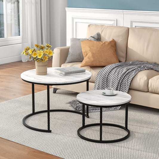 HOJINLINERO Zwarte ronde salontafel set van 2 bijzettafels voor woonkamer, nesttafel industriële stapeltafels, marmeren patroon met metalen frame eindtafel voor slaapkamer/kleine ruimte, wit