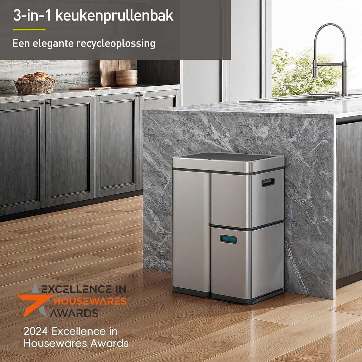 Afvalbak met Sensor – Prullenbak – Vuilnisbak – Afvalemmer – Recyclebak – 60 Liter 3-Vaks – Roestvrij Staal – Automatisch Openende Soft-Close Deksel