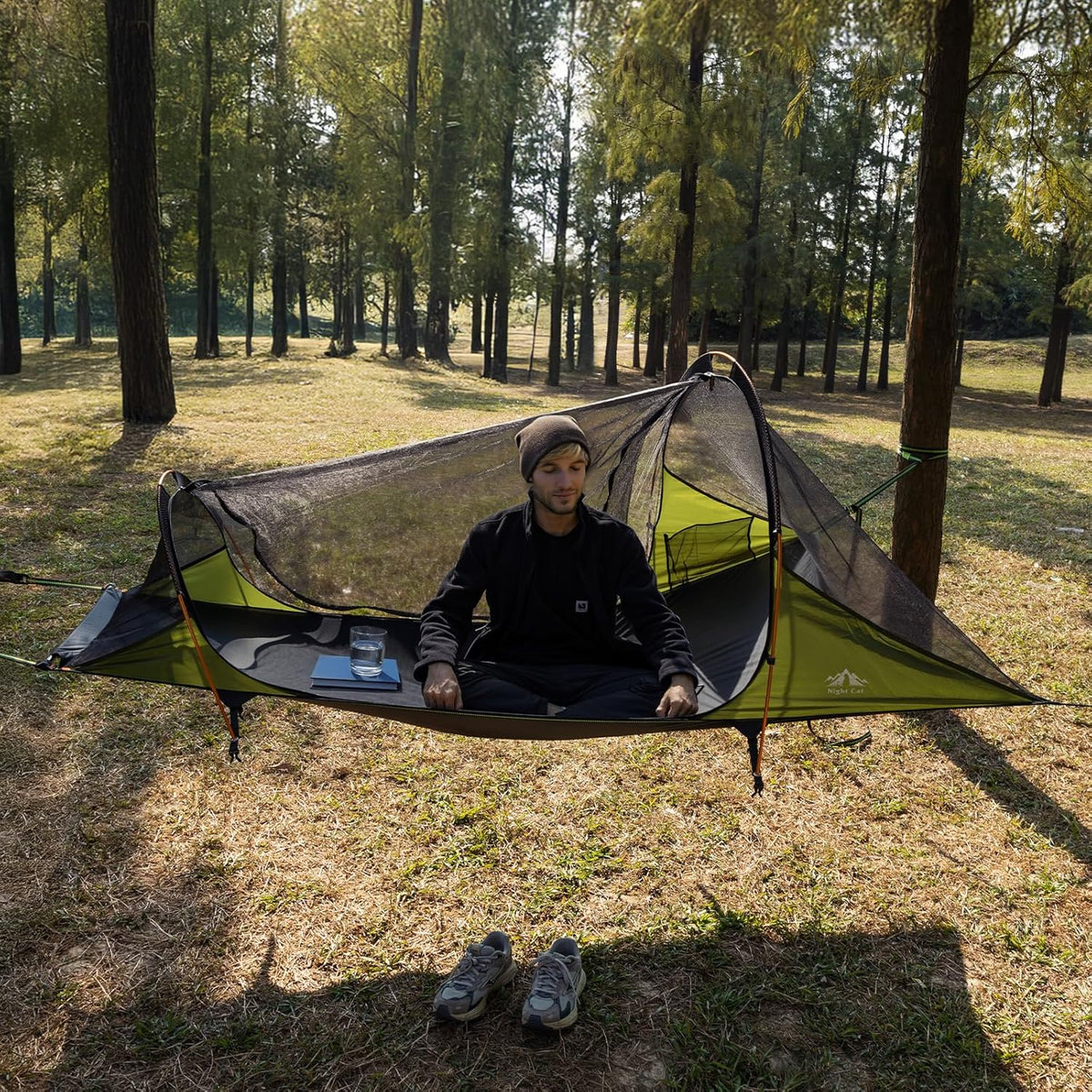 Night Cat Camping Hammock Tent: 1 Person Flat Bottom Hammock with Waterproof Mosquito Net for Bivouac Hiking Garden