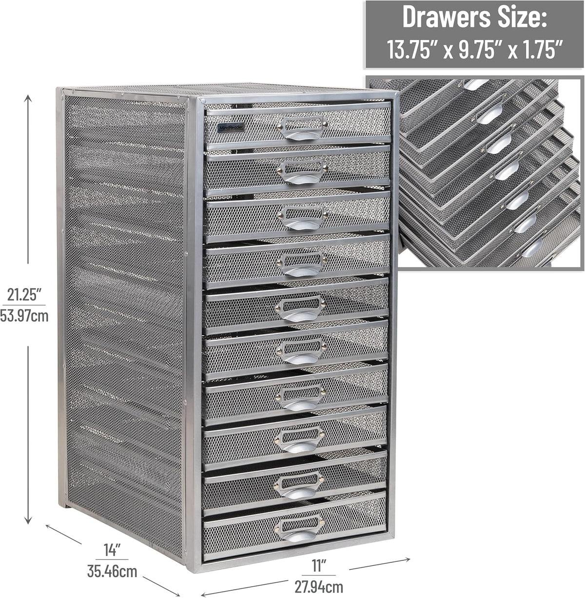 Mind Reader Metalen gaas, 10,7" L x 14" B x 21,25" H, Zilver, 10 laden
