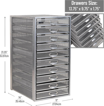 Mind Reader Metalen gaas, 10,7" L x 14" B x 21,25" H, Zilver, 10 laden