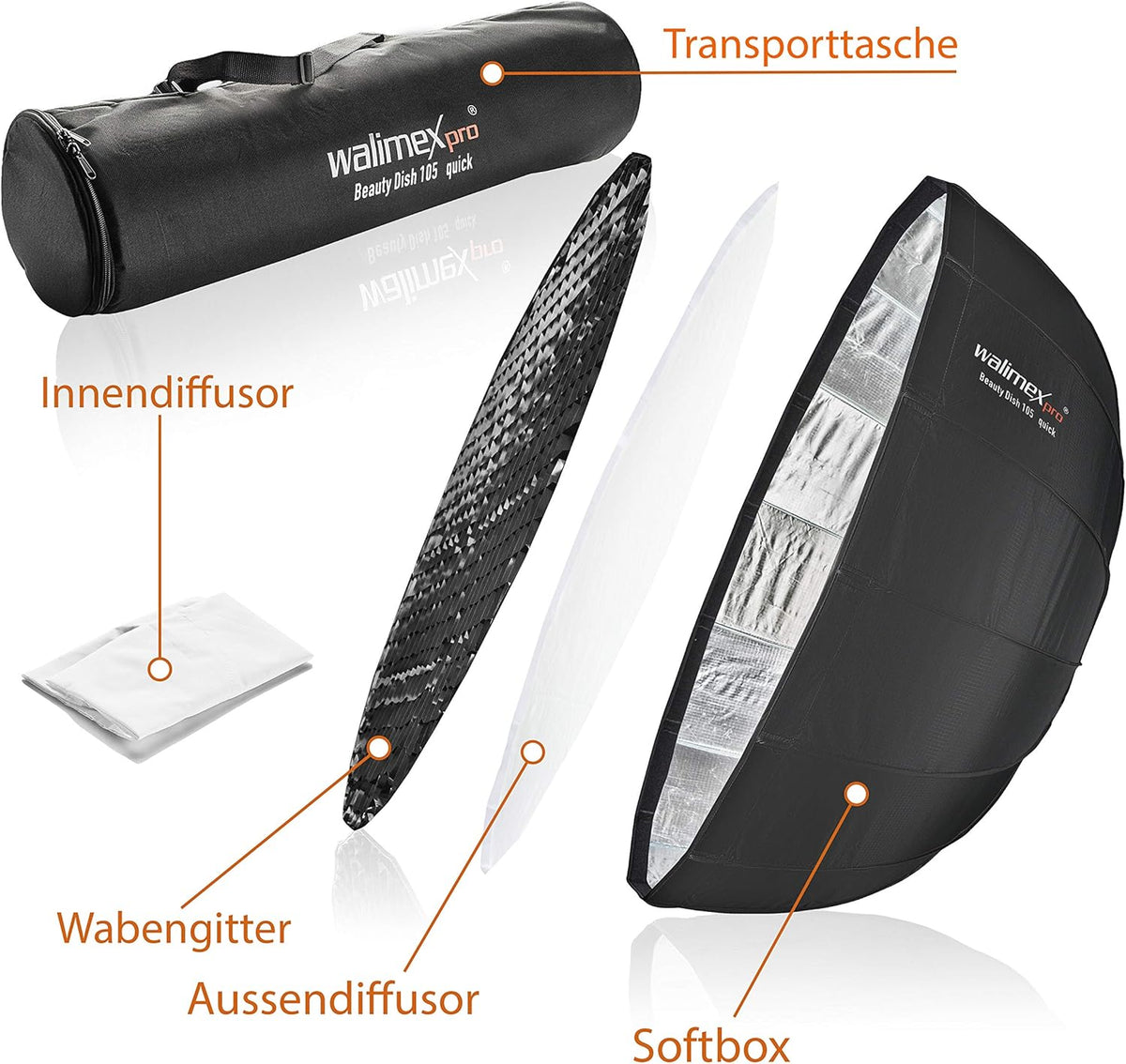 Walimex pro Studio Line Beauty Dish Softbox QA105 – Beauty Dish lichtvormer, 105 cm Ø, 46 cm diep, opvouwbaar, met rooster, binnen- en buitendiffuser, voor Speedlite opsteekflits, studioflits, 22456