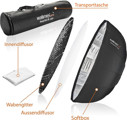 Walimex pro Studio Line Beauty Dish Softbox QA105 – Beauty Dish lichtvormer, 105 cm Ø, 46 cm diep, opvouwbaar, met rooster, binnen- en buitendiffuser, voor Speedlite opsteekflits, studioflits, 22456