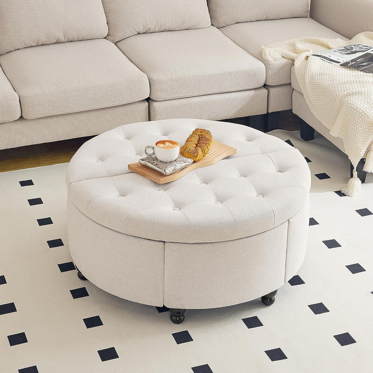 Koffietafel - Table - Coffe table - Living Room Table - Ronde Opbergpoef van 35 inch - Moderne gecapitonneerde salontafel met klep - Gestoffeerde Voetenbank - voor Woonkamer en Slaapkamer - Beige