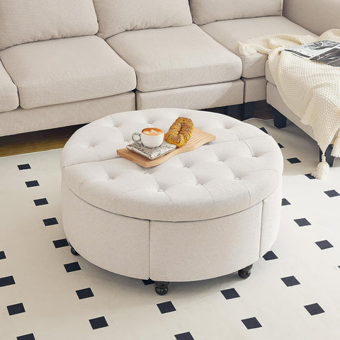 Koffietafel - Table - Coffe table - Living Room Table - Ronde Opbergpoef van 35 inch - Moderne gecapitonneerde salontafel met klep - Gestoffeerde Voetenbank - voor Woonkamer en Slaapkamer - Beige