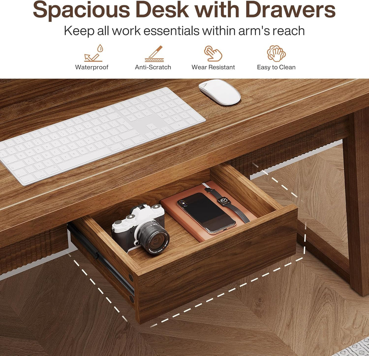 Tribesigns Home Office Executive Desk: 140cm Solid Wood Computer Desk with Drawer, Modern Study Writing Table, Rustic PC Laptop Desk, Workstation Furniture, Walnut Brown