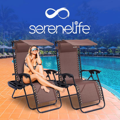 Serenelife Ligstoel, Set van 2 Ligstoelen - Verstelbare Tuinligstoelen met Zonnescherm,Zijtafel,Bekerhouders, Afneembare Kussens - Opvouwbare en Draagbare Loungestoelen voor Terras,Tuin,Strand - Bruin