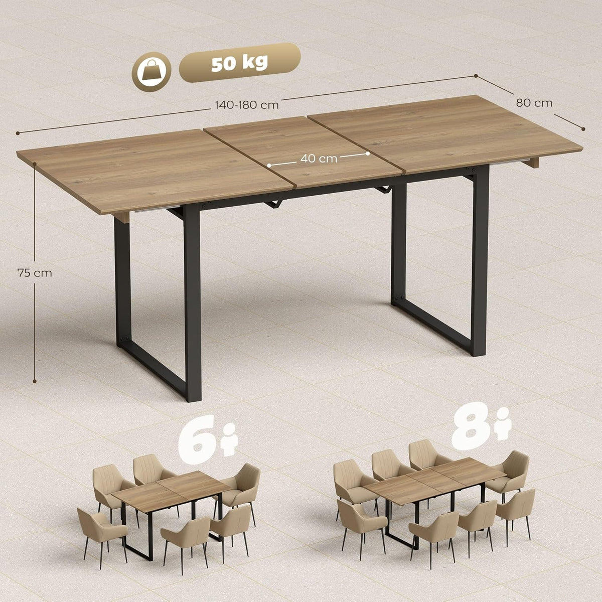 HOMCOM Uitschuifbare Eettafel 140/180 x 80 cm Eettafel met Stalen Poten Rechthoekige Keukentafel voor 6-8 Personen voor Keuken, Eetkamer, Natuur