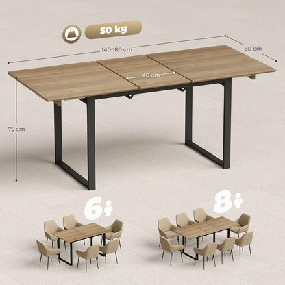 HOMCOM Uitschuifbare Eettafel 140/180 x 80 cm Eettafel met Stalen Poten Rechthoekige Keukentafel voor 6-8 Personen voor Keuken, Eetkamer, Natuur