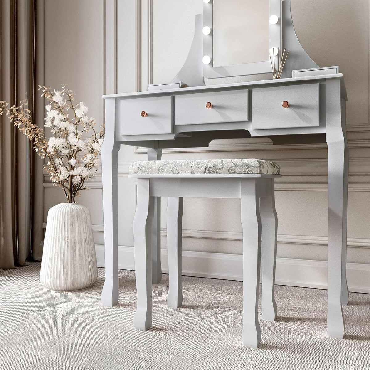 Grey Dressing Table with Hollywood Lamps Mirror Drawers and Padded Stool Set - QUORE