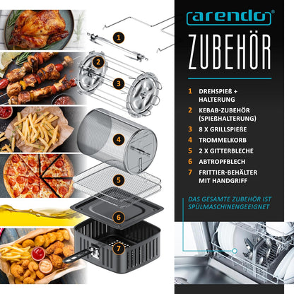 Arendo - 4-in-1 heteluchtfriteuse 12 liter – grill – droogautomaat – oven – airfryer – led-touchscreen – Easy&Clean – draaigrill zonder olie – circulatielucht – pizza kip frietjes – BPA-vrij