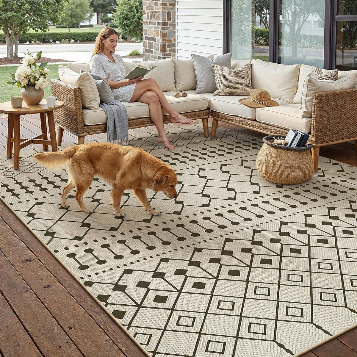 PureCozy Jute Look Woonkamer Tapijt 300x400cm Zwart Beige Antislip Wasbaar Binnen Buiten Vloerkleed Slaapkamer Kinderkamer Kantoor Vloerkleden Balkon Patio Tuin Groot Carpet