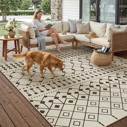 PureCozy Jute Look Woonkamer Tapijt 300x400cm Zwart Beige Antislip Wasbaar Binnen Buiten Vloerkleed Slaapkamer Kinderkamer Kantoor Vloerkleden Balkon Patio Tuin Groot Carpet