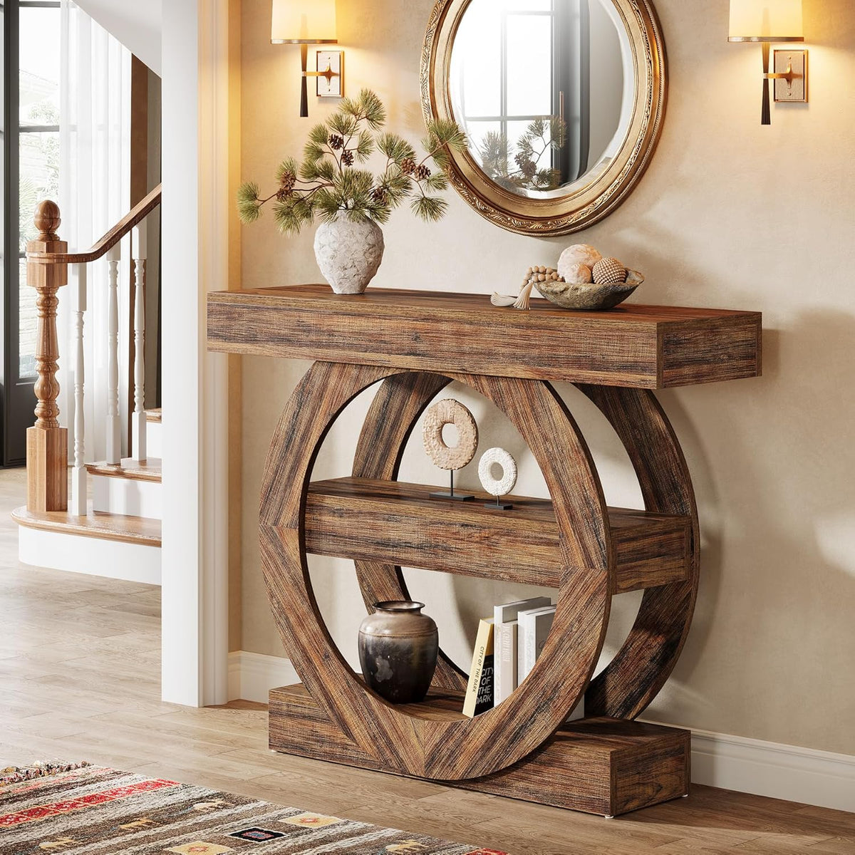 Tribesigns 100cm Entrance Table with Storage, 3 Tier Farm Console Table with Shelves, Wooden Foyer Tables for Entrance, Living Room, Hallway, Behind Sofa (Rustic Brown)