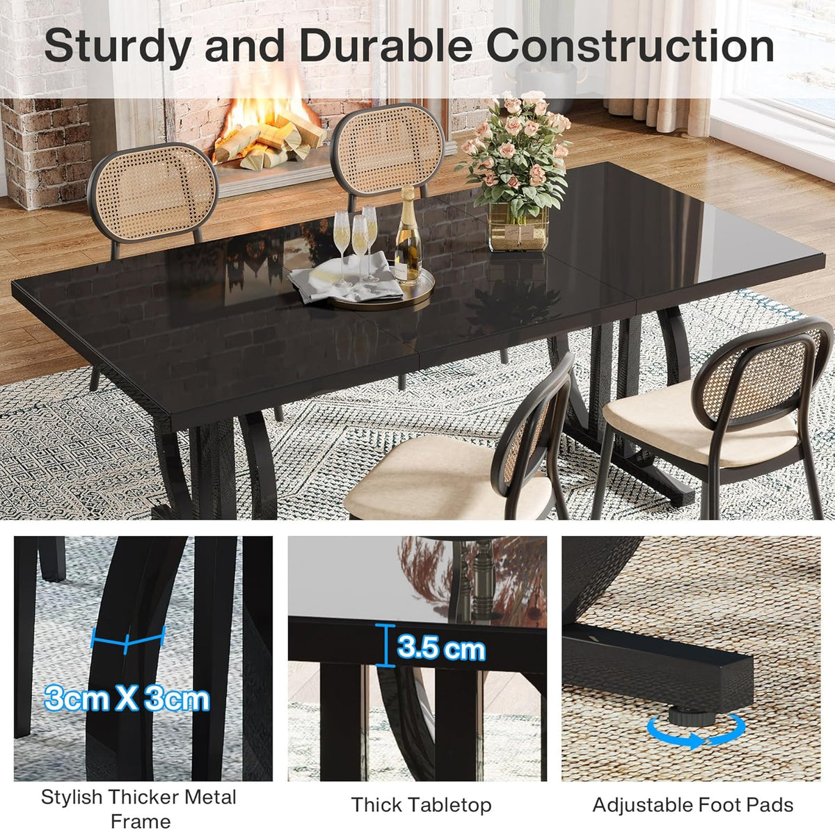 Tribesigns Dining Table for 4-6 People, 160 x 80 cm, Black Dining Table with Heavy Metal Frame, Modern Industrial Rectangular Kitchen Table, Dining Table for Kitchen Home - QUORE