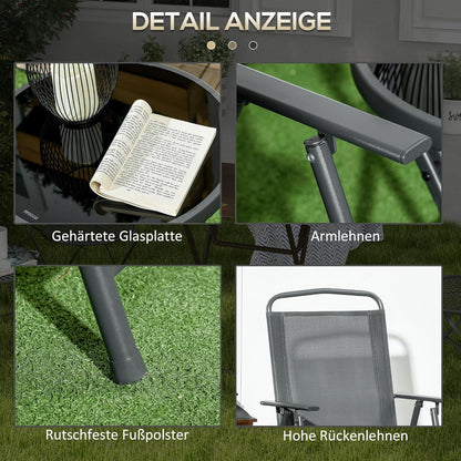 Outsunny Bistro-Set 3-teilig aus Metall Wetterfest Gartenmöbel Set mit klappbar Glastisch Gartenstühlen Outdoor Balkonmöbel Set Sitzgruppe Balkonset Gartengarnitur Dunkelgrau