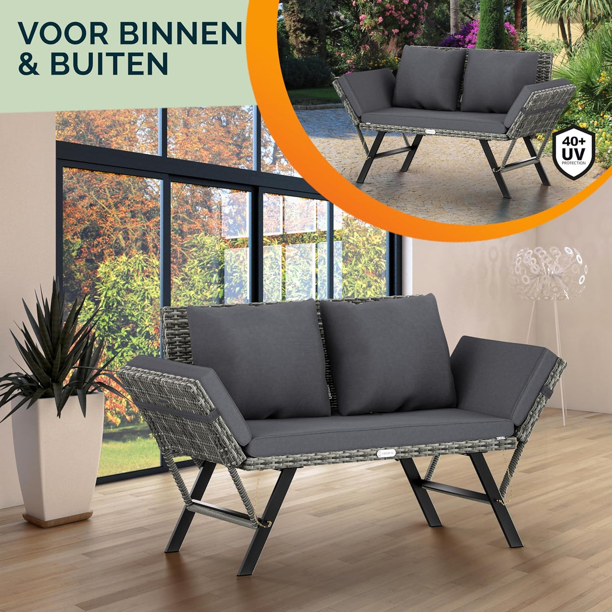CASARIA® 2-in-1 Polyrattan Garden Bench & Lounger Incl. Cushions Adjustable Armrests Loungesofa Sun lounger Grey - QUORE