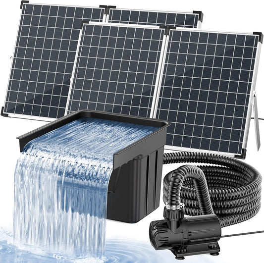 POPOSOAP Vijverwaterval met zonnepomp, watervaloverloop met 100 W zonnepaneel, 660 gph-vijverpomp, 3 m lange golfslang voor tuinvijvers