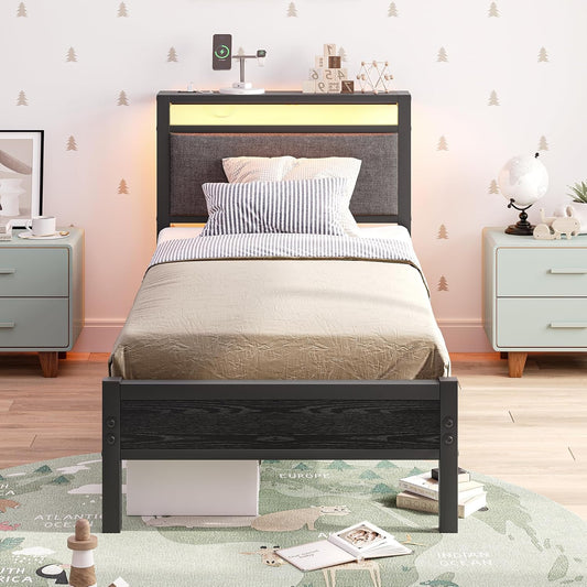 Gestoffeerd bedframe 90 x 200 cm, bedframe met led en laadstation, metalen bed met hoofdeinde, modern logeerbed, tienerbed, metalen eenpersoonsbed met lattenbodem, voor slaapkamer, zwart