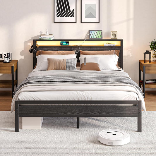 Bedframe met laadstation, led-verlichting, tweepersoonsbed, logeerbed, metalen bed, 160 x 200 cm, bedframe van metaal, jeugdbed met lattenbodem, hoofdeinde in zwart, voor slaapkamer en