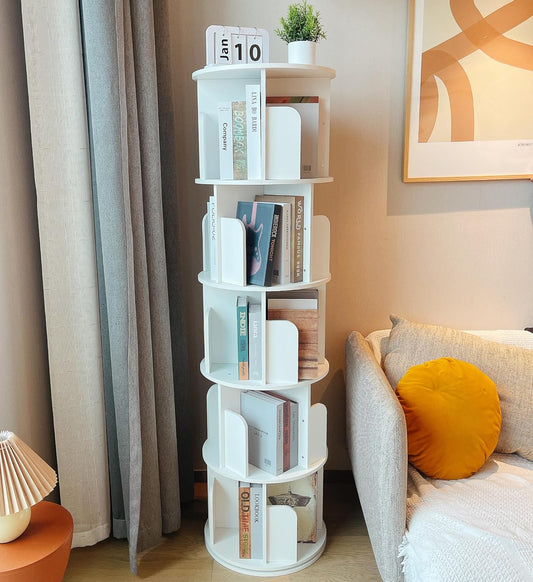 Boekenkast – Boekenrek – Opbergkast – Vakkenkast – Stellingkast – Draaibaar 360° – Massief Dennenhout Wit – 5 Verdiepingen 159 cm Hoog - QUORE