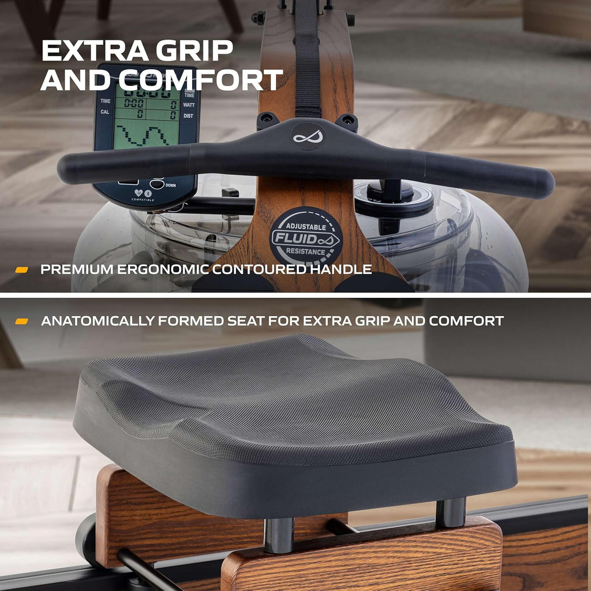 Fluid Rower Viking 3 XL Rowing Machine - 10 Resistance Rowing Machine - Heart Rate Monitor - Water Resistance - Rowing Machine for Home - Color: Walnut - QUORE