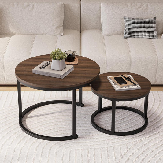HOJINLINERO Set van 2 ronde nestels, stapelbank, bijzettafel, voor woonkamer, slaapkamer, kantoor, balkon, appartement (walnoot)