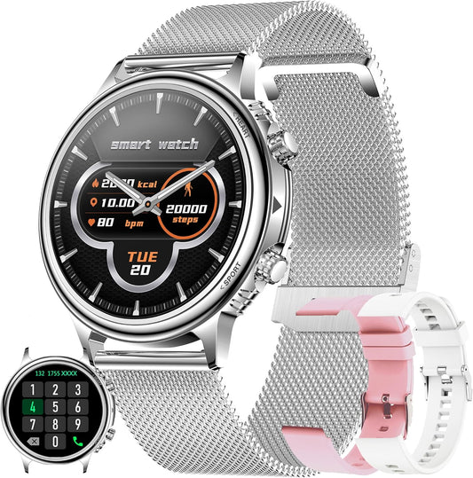 Smartwatch Dames met Bellen/Kiezen via Bluetooth, Smart Watch voor Dames, Slaapmonitor Menstruatie volgen, Calorie Stappenteller Stopwatch Smart Activity-Armband voor Android iOS (Zilver)